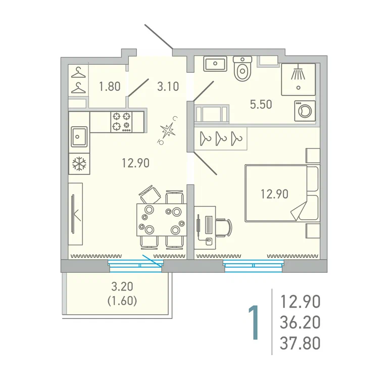 Планировка: 1-комнатная квартира