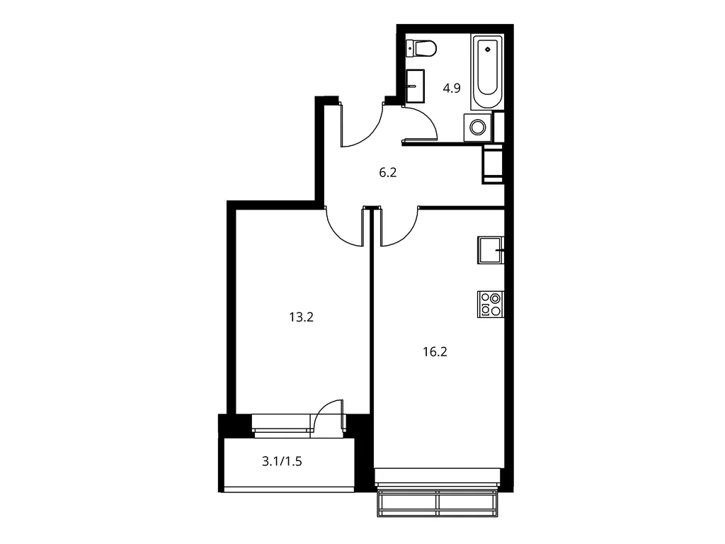 1-комнатная планировка 43 м²