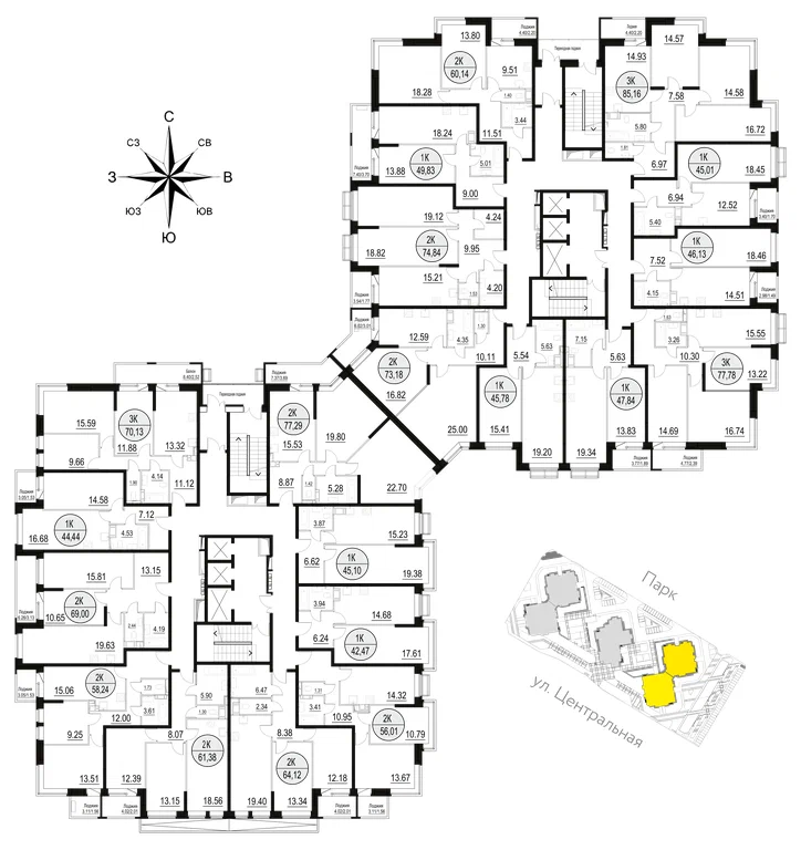 1-комнатная планировка 56 м²