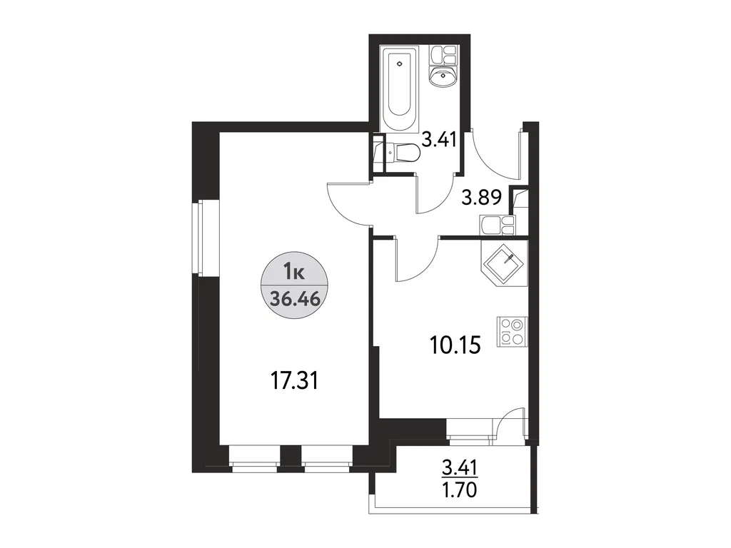 1-комнатная планировка 36,5 м²