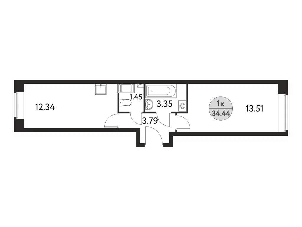 1-комнатная планировка 34,4 м²