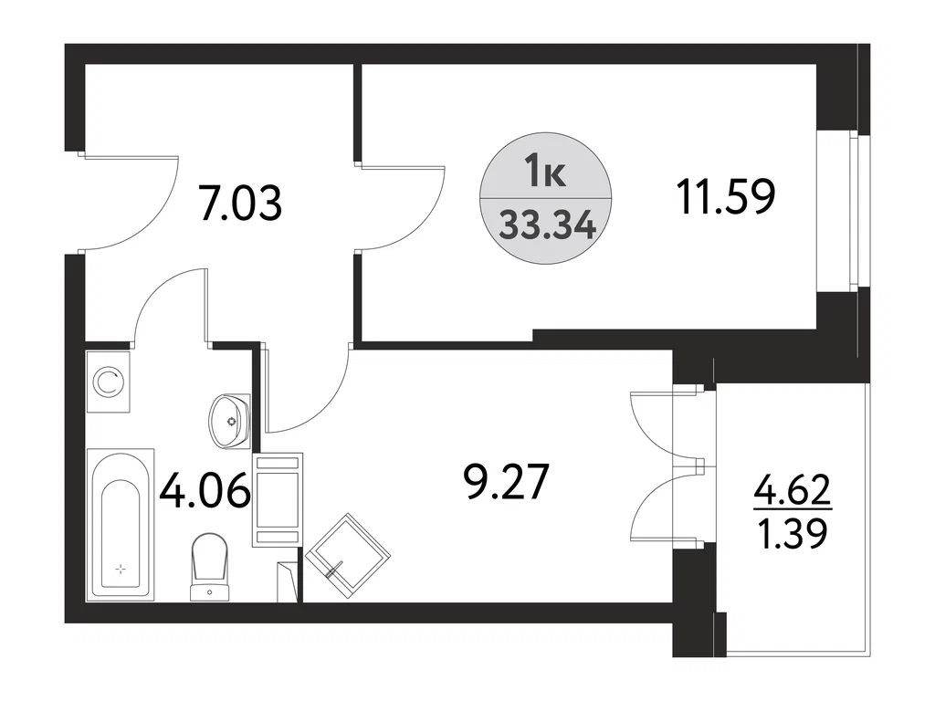 1-комнатная планировка 33,3 м²