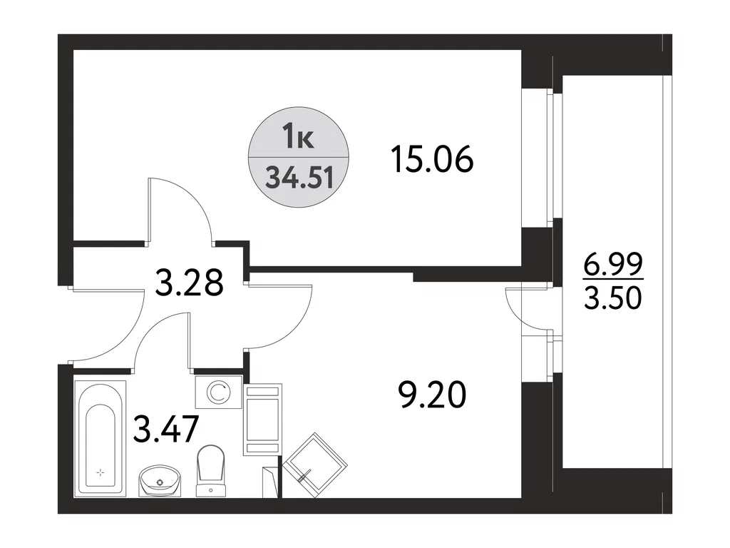 1-комнатная планировка 34,5 м²