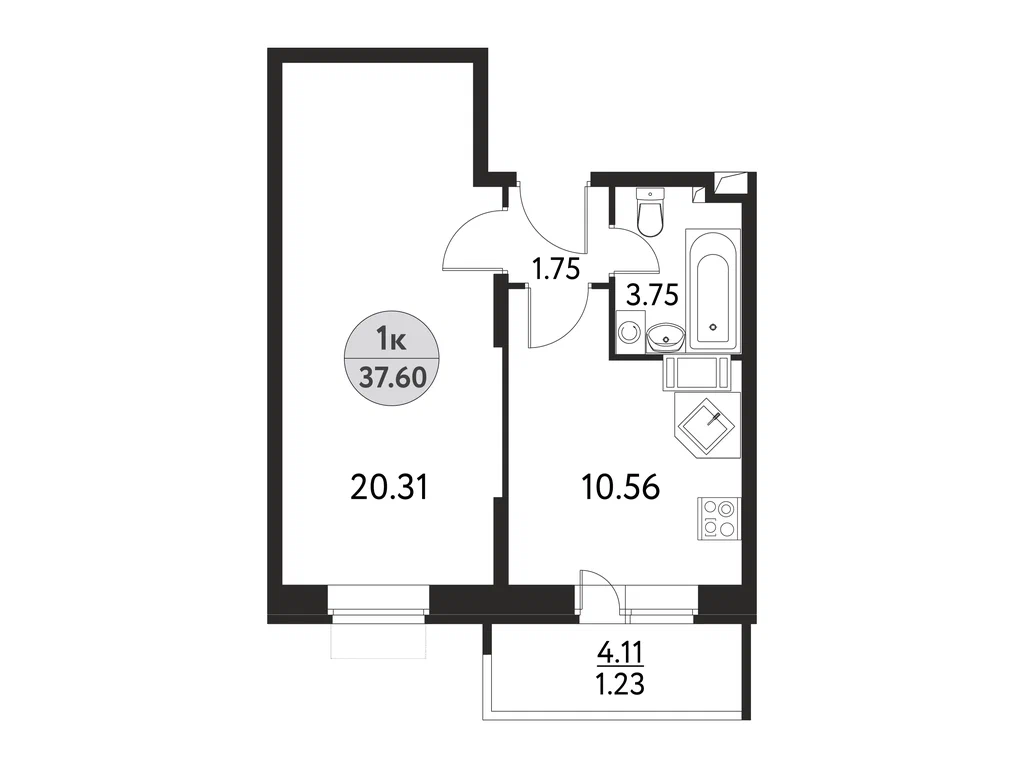 1-комнатная планировка 37,6 м²