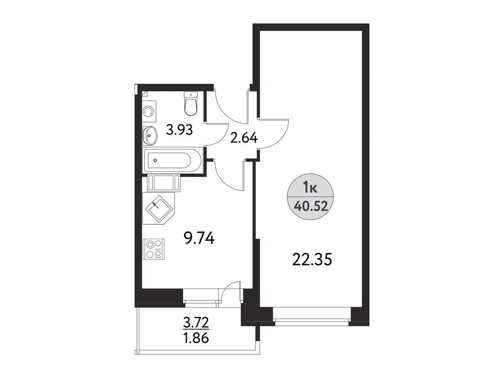 1-комнатная планировка 40,5 м²