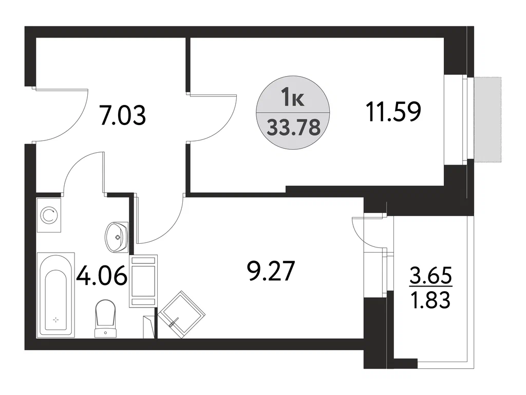 1-комнатная планировка 33,8 м²