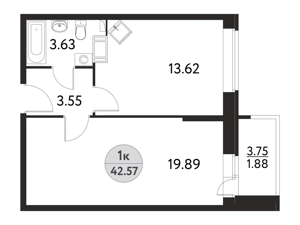 1-комнатная планировка 42,6 м²