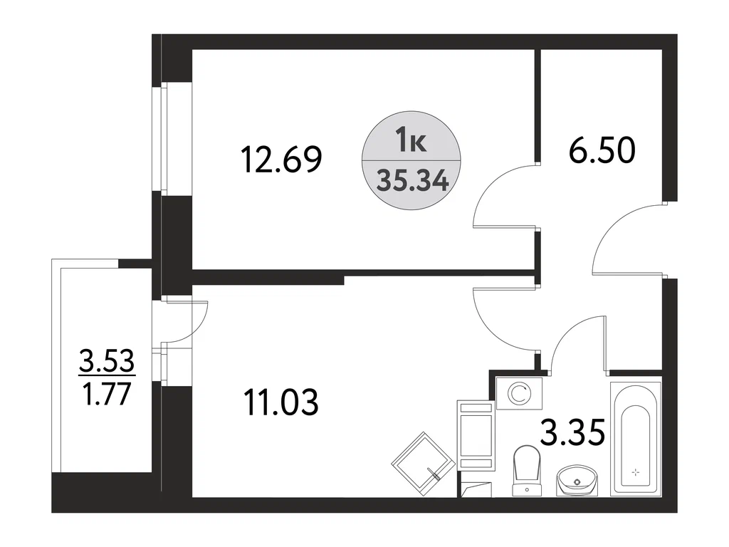 1-комнатная планировка 35,3 м²