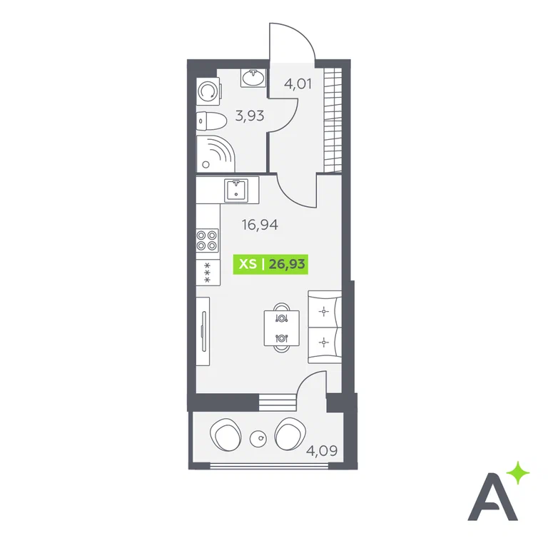 Студия планировка 26,9 м²