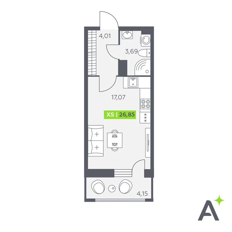 Студия планировка 26,9 м²