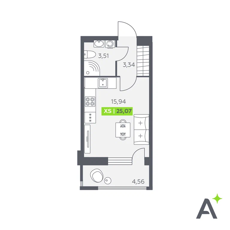 Студия планировка 25,1 м²