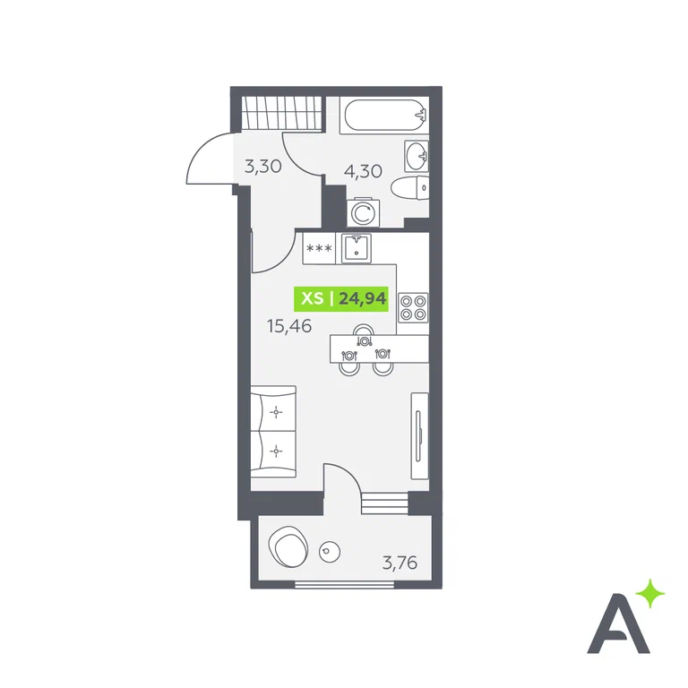 Студия планировка 24,9 м²