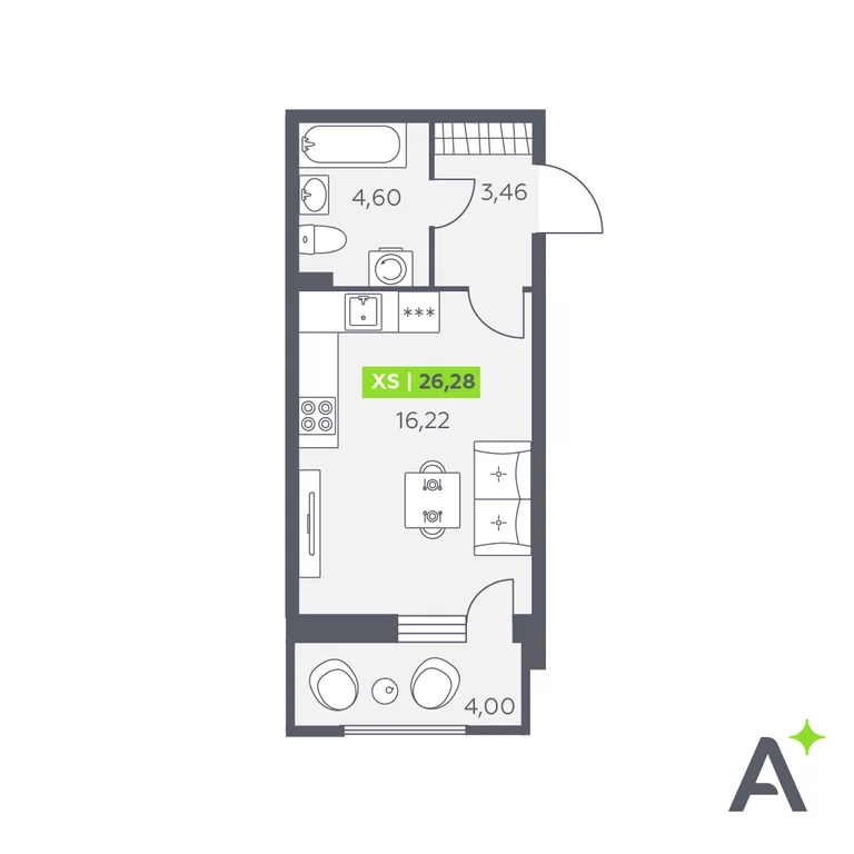 Студия планировка 26,3 м²