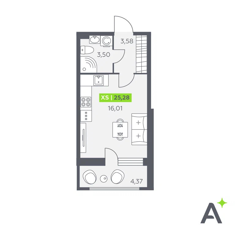 Студия планировка 25,3 м²