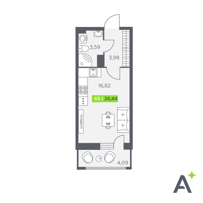 Студия планировка 26,4 м²