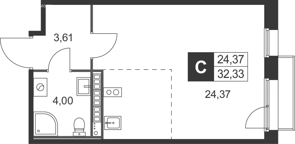 Студия планировка 32,3 м²