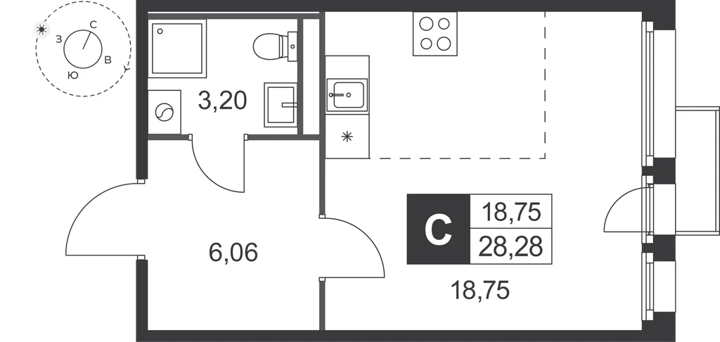 Студия планировка 28,3 м²