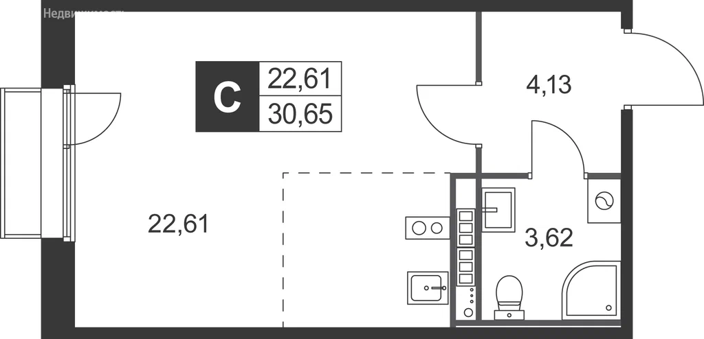 Студия планировка 30,6 м²