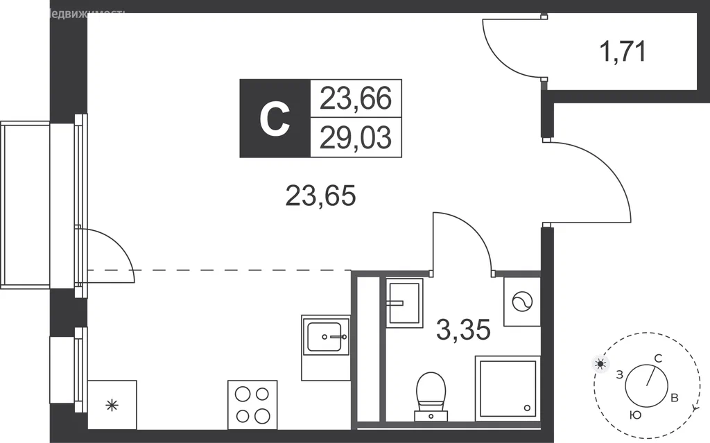 Студия планировка 29 м²