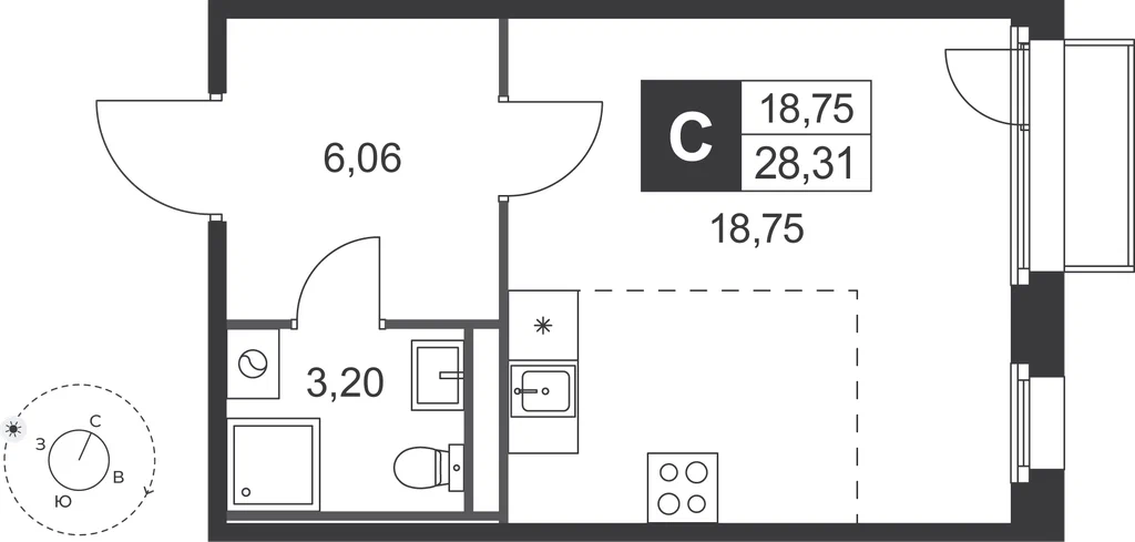Студия планировка 28,3 м²