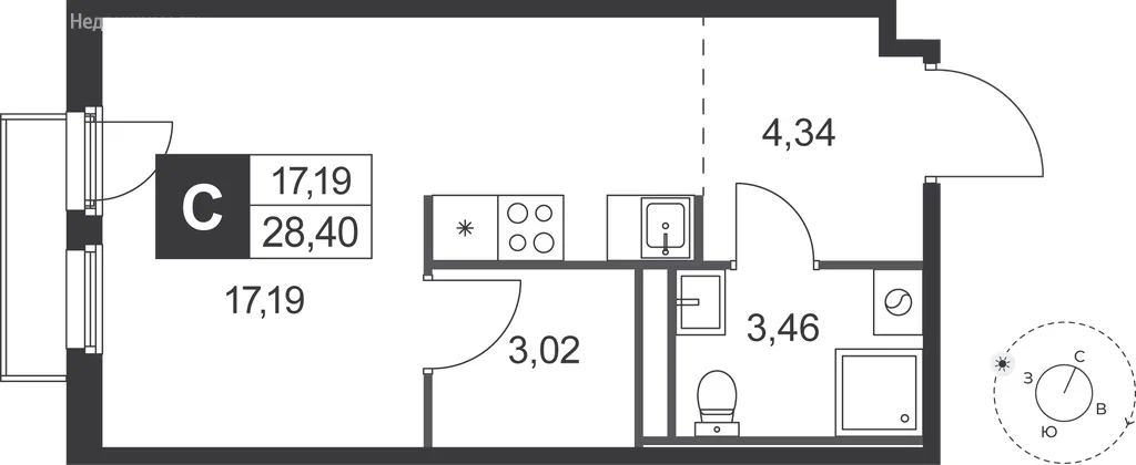 Студия планировка 28,4 м²