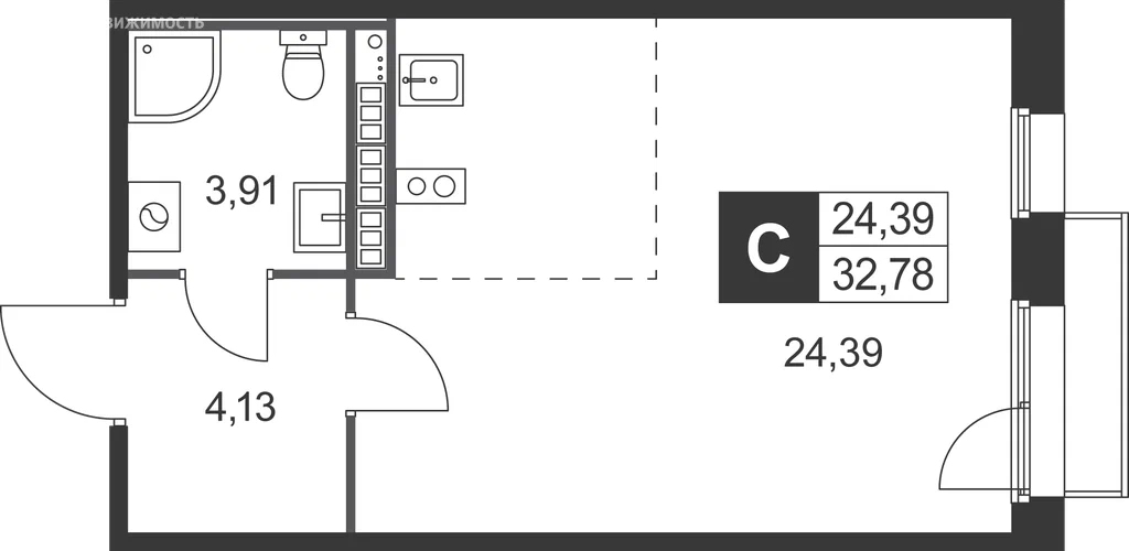 Студия планировка 32,8 м²