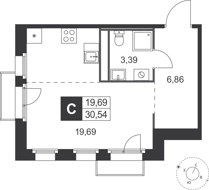 Студия планировка 30,5 м²