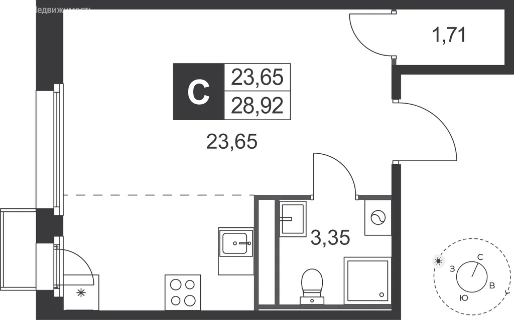 Студия планировка 28,9 м²