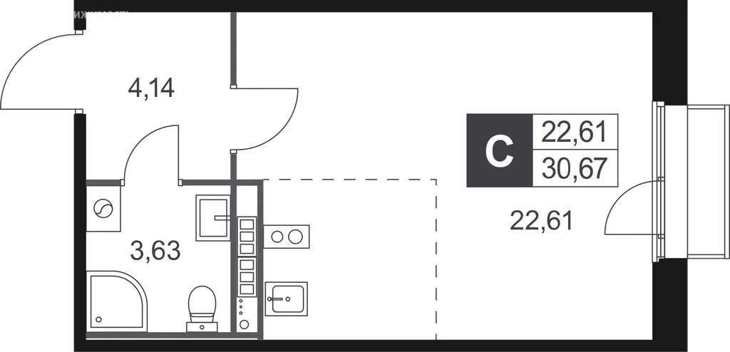 Студия планировка 30,7 м²