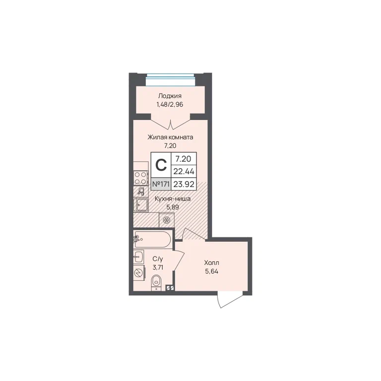 Студия планировка 23,9 м²