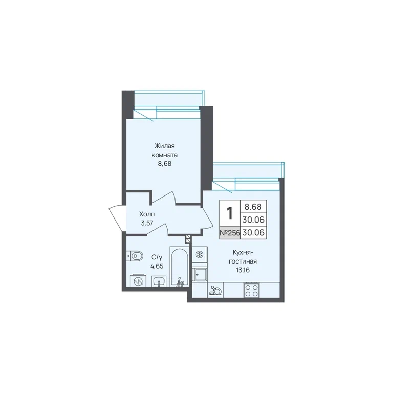 1-комнатная планировка 30 м²