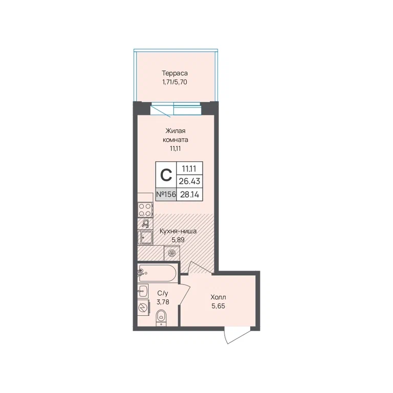 Студия планировка 28,1 м²