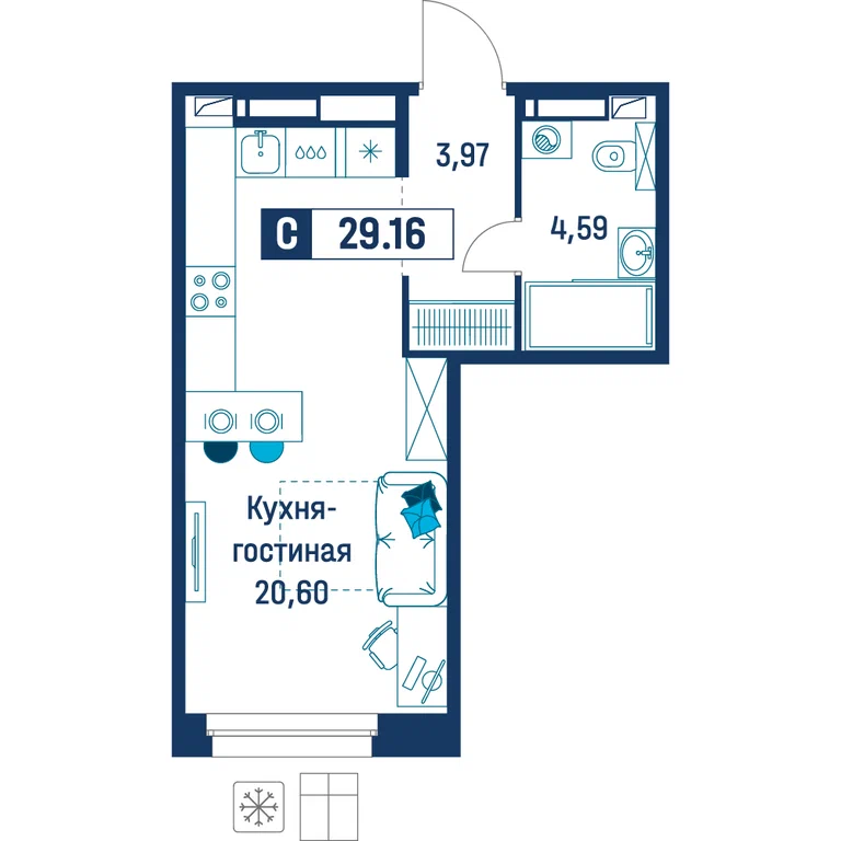 Студия планировка 29,2 м²