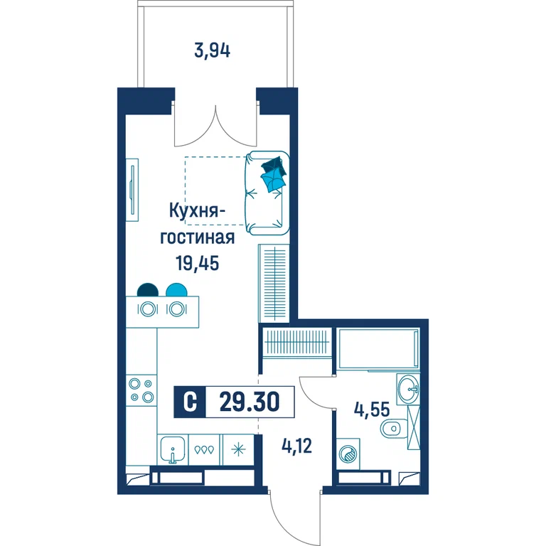 Студия планировка 29,3 м²