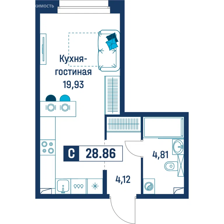 Студия планировка 28,9 м²