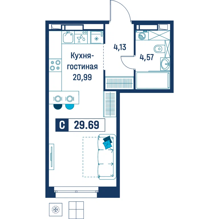 Студия планировка 29,7 м²