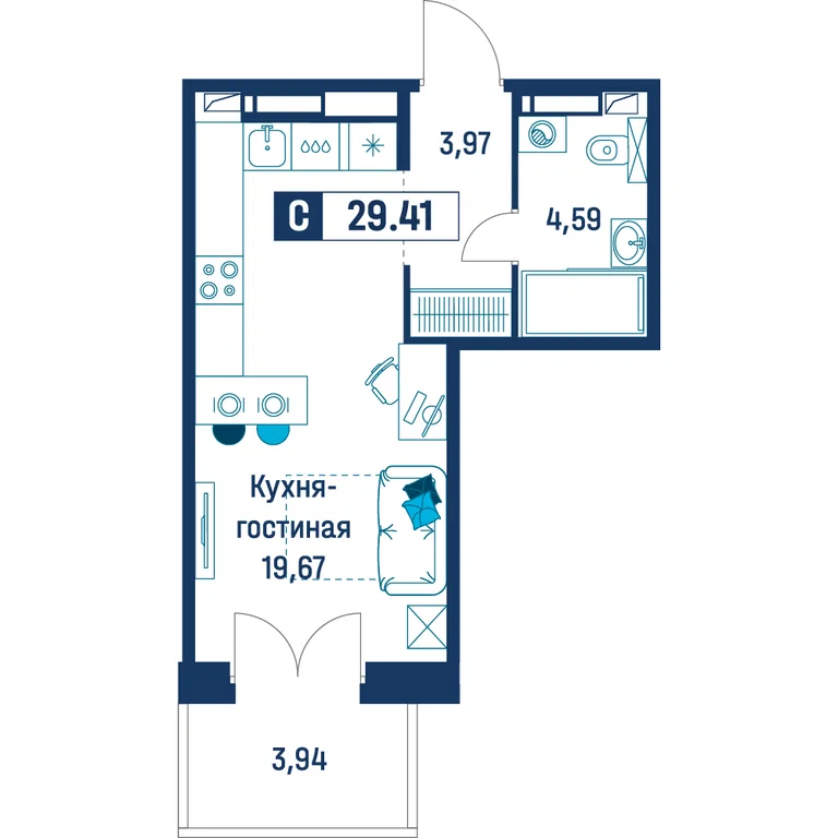 Студия планировка 29,4 м²