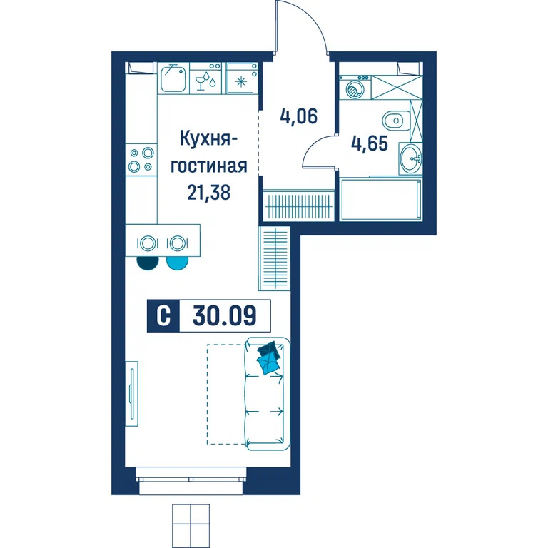 Студия планировка 30,1 м²