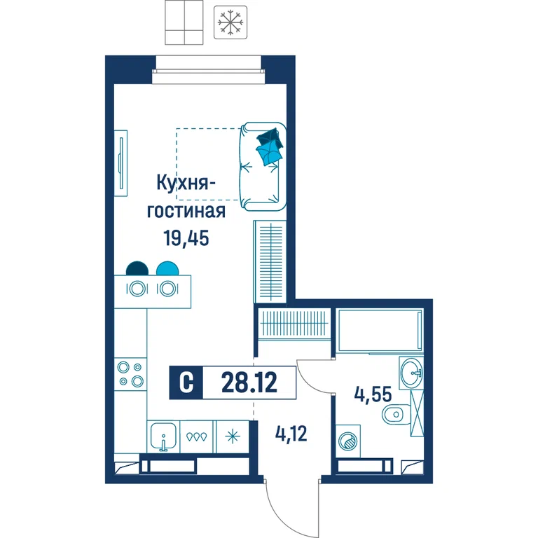Студия планировка 28,1 м²