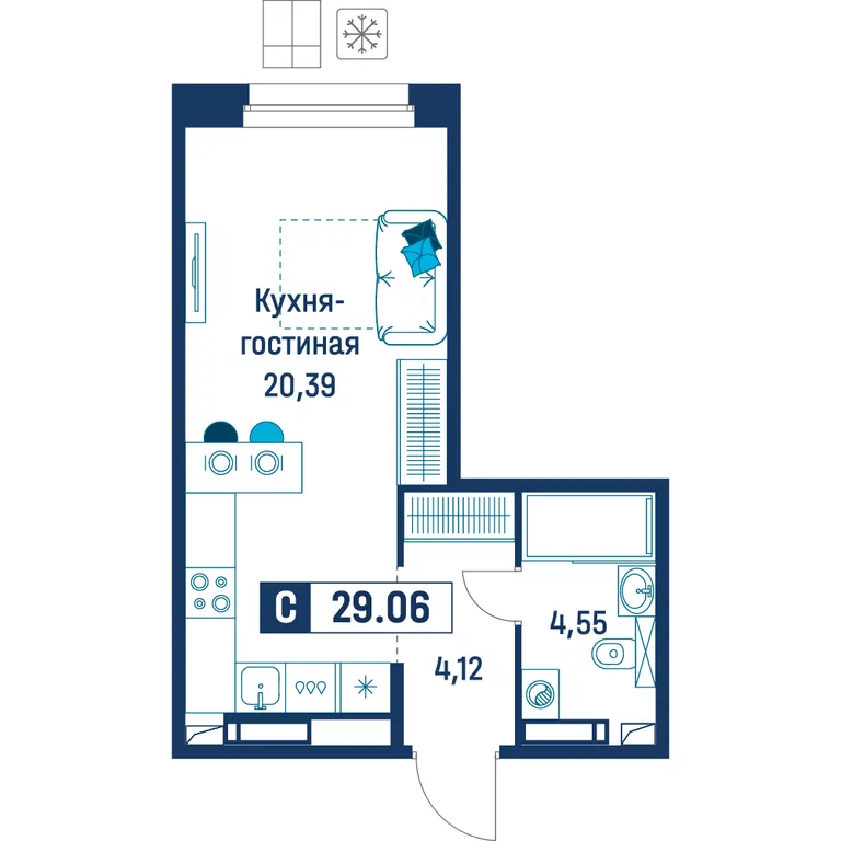 Студия планировка 29,1 м²