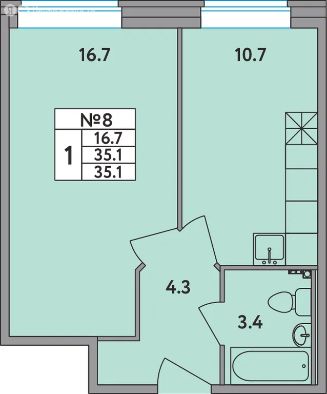 1-комнатная планировка 35,1 м²